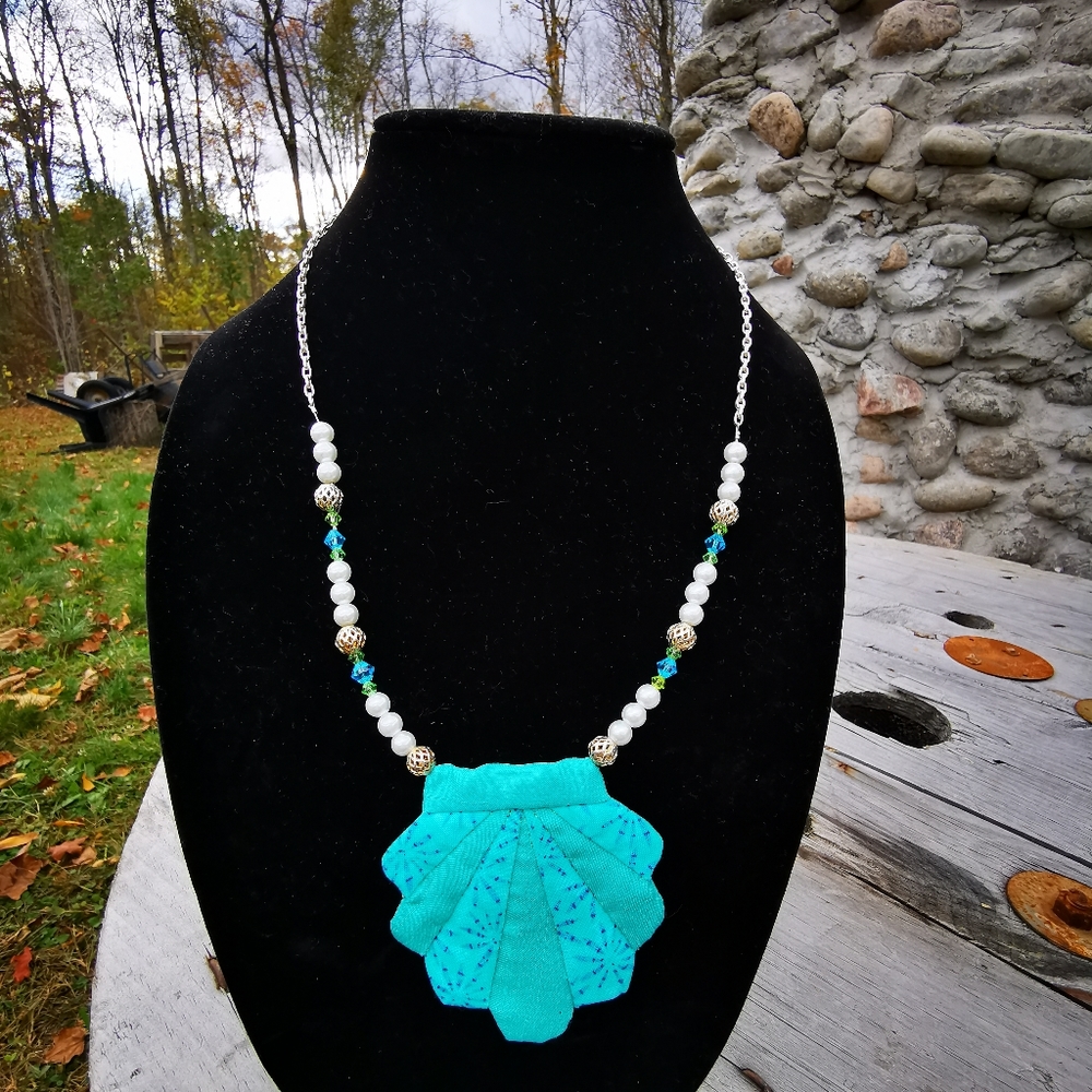 Unique Turquoise Fabric Shell Necklace
